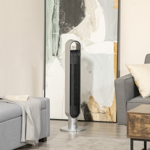 HOMCOM 39" Anion Freestanding Tower Fan Cooling for Bedroom with Oscillating, 3 Speed, 12h Timer, LED Sensor Panel, Remote Controller, Silver