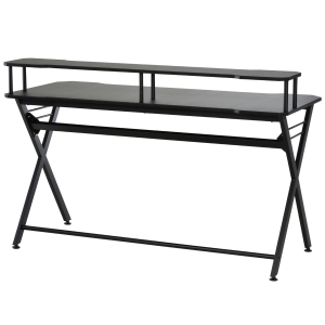Bureau gaming support casque grand plateau MDF + étagère écran châssis métal noir