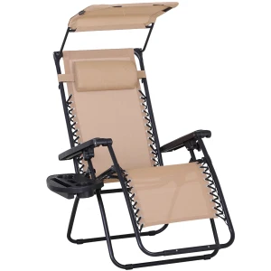 Outsunny Zero Gravity Recliner Chair with Canopy Shade and Cup Holder, Folding Patio Sun Lounger, Beige