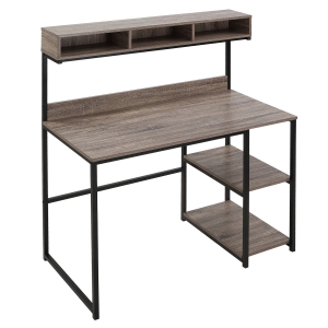 Bureau informatique industriel - 3 niches, 2 étagères - métal noir aspect bois gris