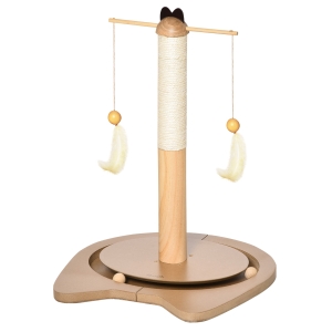 Poteau à griffer pour chat jeu 2 boules et 2 plumes suspendues rotatives