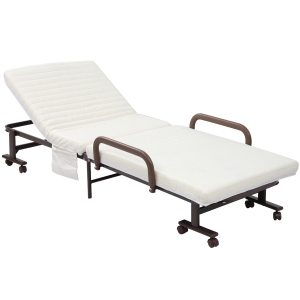 HOMCOM Folding Metal Frame Guest Bed, with Padded Mattress & Wheels - Brown