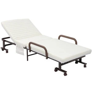 HOMCOM Folding Bed with 8cm Mattress, Portable Foldable Guest Bed with Adjustable Backrest, Metal Frame on Wheels, Brown