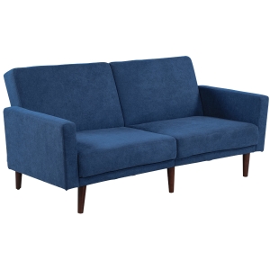 Canapé convertible 2 places dossier inclinable 3 positions pieds bois velours polyester bleu
