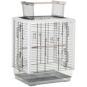 PawHut Jaula para Pájaros Pajarera con Techo Abrible 2 Comederos 2 Perchas Bandeja Extraíble Acrílica y Asa de Transporte para Canarios Periquitos 47x35x57,5 cm Blanco y Negro