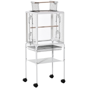 PawHut Jaula para Pájaros con Soporte Desmontable Jaula de Aves Canarios con 4 Ruedas Techo Abrible 2 Comederos 2 Perchas Bandeja Extraíble y Rejillas 47x35x106,5 cm Blanco