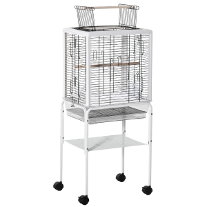 PawHut Jaula para Pájaros con Soporte Desmontable Pajarera con 4 Ruedas Techo Abrible 2 Comederos 2 Perchas y Bandeja para Loros Canarios Periquitos 47x35x106,5 cm Blanco