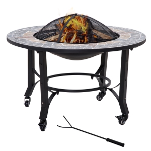 Outsunny 2-in-1 Outdoor Fire Pit on Wheels, Patio Heater with Cooking BBQ Grill, Firepit Bowl with Screen Cover, Fire Poker for Backyard Bonfire