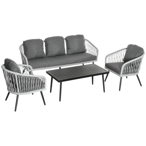 Outsunny Conjunto de Móveis de Vime Conjunto de Móveis de Jardim 4 Peças Mesa de Centro de Alumínio Sofá 3 Lugares e 2 Poltronas com Almofadas para Terraço Exterior Cinza