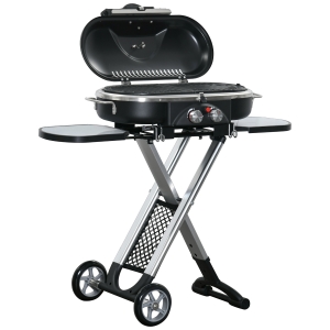 Outsunny Barbacoa de Gas 2,34 KW con 2 Quemadores Termómetro Parillas de Gas Plegable Portátil con 2 Ruedas y 2 Mesas Correderas para BBQ Camping 100x41,6x82,5 cm Negro y Plata