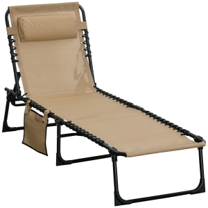 Outsunny Portable Sun Lounger, Folding Camping Bed Cot, Reclining Lounge Chair 5-position Adjustable Backrest with Pillow for Patio Garden Beach Pool, Beige