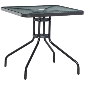 Outsunny Square Patio Table, Tempered Glass Top Bistro Table, Garden Dining Table, Outdoor Accent Coffee Table 76 x 76cm Steel Frame with Umbrella Hole