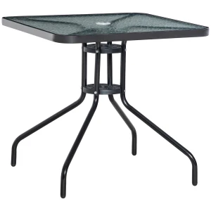 Outsunny Bistro Patio Table, Square Tempered Glass Top Dining Table, Steel Frame Outdoor Coffee Table with Umbrella Hole