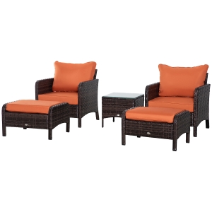 Outsunny 2-Seater PE Rattan Garden Furniture Set, 2 Armchairs 2 Stools Glass Top Table Cushions Wicker Weave Chairs Outdoor Seating, Brown