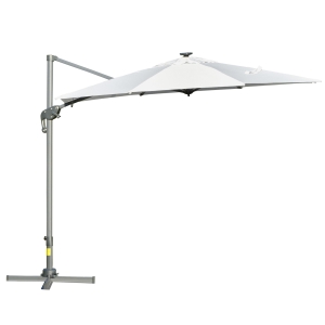 Outsunny Sombrilla de 300 cm de Aluminio Luces LED Protección UV 50+ Giratorio 360° con Manivela Panel Solar Techo Reclinable Base Cruzada Blanco