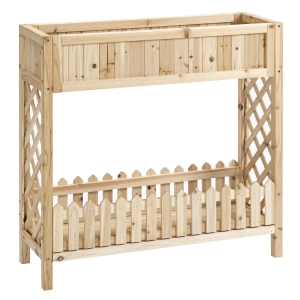 Outsunny Huerto Urbano Elevado de Madera 90x30x90 cm Mesa de Cultivo de Jardín con Estante Inferior Seto Decorativo y 4 Orificios de Drenaje para Plantas Macetas Flores Natural