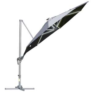 Outsunny 3m Solar LED Cantilever Parasol Adjustable Garden Umbrella w/ Base Light Grey