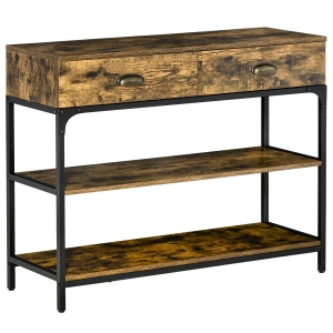 HOMCOM Table console - table d'entrée - table d'appoint design industriel 2 tiroirs 2 étagères métal noir panneaux particules aspect bois vieilli
