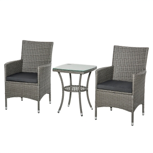Outsunny Conjunto de Muebles Ratán para Jardín Formado por 1 Mesa y 2 Sillones con Cojines Estructura de Metal y Ratán Gris