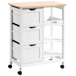 HOMCOM Carrinho de Cozinha com Rodas Carrinho de Serviço Multiuso com 3 Gavetas 2 Prateleiras Abertas e Bandeja para Sala de Jantar Sala de Estar 67x37x85,5cm Branco