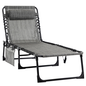 Outsunny Portable Sun Lounger, Folding Camping Bed Cot, Reclining Lounge Chair 5-position Adjustable Backrest with Pillow for Patio Garden Beach Pool, Mixed Grey