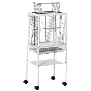 PawHut Large Metal Bird Cage Open Top Aviary for Finch Canaries, Budgies with Handle, Rolling Stand, Slide-out Tray, Storage Shelf, Wood Perch, Food Containers, White