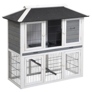 PawHut Clapier en bois pour lapin à 2 étages 4 portes verrouillables plateau coulissant rampe - 117L x 62,5l x 115H cm - bois de sapin gris blanc