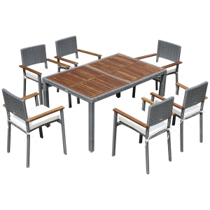 Outsunny Set da Giardino 7 Pezzi, Tavolo in Acciaio e 6 Sedie in Legno e Rattan con Cuscini, Grigio