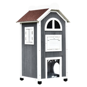 PawHut 59L x 55W x 109H cm Solid Wood Cat Condo Furniture 2-Floor Pet Shelter Grey & White