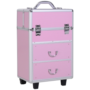 HOMCOM Valigia Porta Trucchi Professionale, Trolley Make Up Rinforzato in Alluminio, 2 Ruote, Rosa 36x23x58-96cm