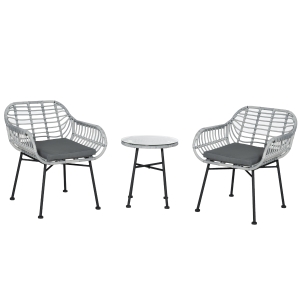 Outsunny Set Mobili da Giardino in Rattan PE con 2 Sedie e Tavolino con Ripiano in Vetro, Grigio