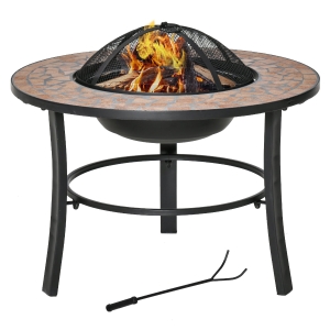 Outsunny Braciere da Giardino con Coperchio Parascintille, Attizzatoio e Piano d'Appoggio in Ceramica, 68x68x45cm, Nero