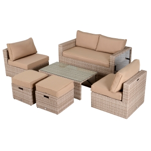 Outsunny Salotto da Giardino in PE Rattan 6 Pezzi con Divano 2 Poltroncine 2 Pouf e Tavolino Cachi e Beige
