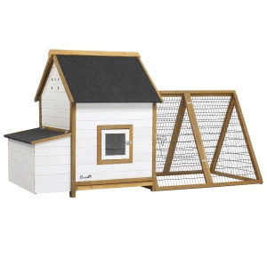PawHut Chicken Coop, Hen House, Wooden Poultry Cage with Outdoor Run, Nesting Box, Removable Tray, Window and Lockable Door, 197 x 93 x 110cm
