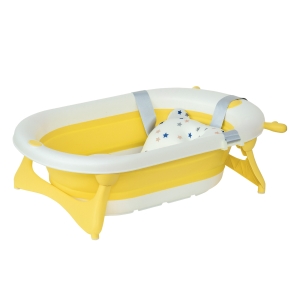 HOMCOM Collapsible Baby Bath Tub Foldable Ergonomic w/ Cushion Temperature Sensitive Water Plug Non-Slip Support Leg Portable for 0-3 Years, Yellow