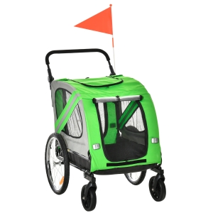 PawHut Dog Bike Trailer 2-in-1 Pet Stroller Cart Bicycle Carrier Attachment for Travel in steel frame with Universal Wheel Reflectors Flag Green
