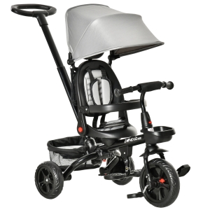 HOMCOM Childrens Push Chairs, 4 in 1 Foldable Pedal w/ Reversible Angle Adjustable Seat Removable Handle Canopy Handrail Grey