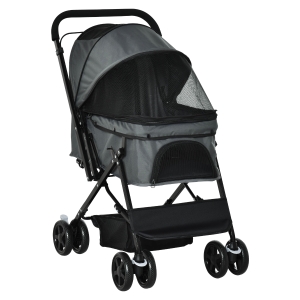 PawHut Pet Stroller Dog Cat Travel Pushchair Foldable Jogger with Reversible Handle EVA Wheel Brake Basket Adjustable Canopy Safety Leash Grey