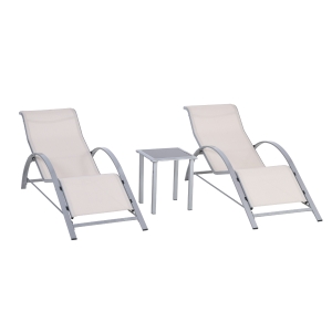 Outsunny 3 Pieces Lounge Chair Set Garden Outdoor Recliner Sunbathing Chair with Table, Cream