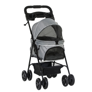 PawHut No-Zip Dog Stroller Pet Cat Travel Pushchair One-Click Fold Trolley Jogger with EVA Wheels Brake Basket Adjustable Canopy Safety Leash Grey