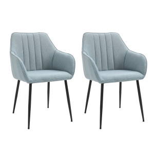 HOMCOM Mid-Century Dining Chairs Upholstered Linen Fabric Accent Chairs with Metal Legs, Set of 2, Light Blue