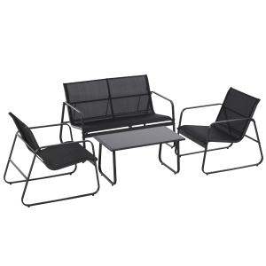 OUTSUNNY 4 Pieces Garden Conversation Set Outdoor Patio Furniture Set with Loveseat, Single Chairs and Coffee Table for Poolside, Terrace and Balcony, Black