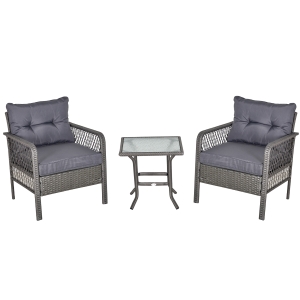 Outsunny 3 Pieces Patio Wicker Coffee Table Set Bistro Conversation Furniture w/ Cushion for Patio Yard Porch Grey
