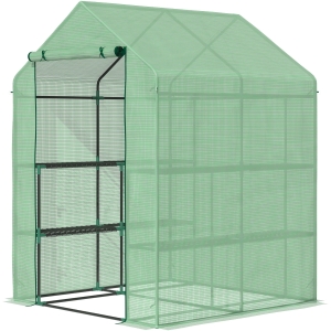 Outsunny Walk in Garden Greenhouse with Shelves Polytunnel Steeple Green house Grow House Removable Cover 143x138x190cm, Green