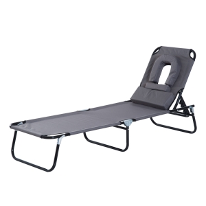 Outsunny Sun Lounger Foldable Reclining Chair with Pillow and Reading Hole Garden Beach Outdoor Recliner Adjustable Grey
