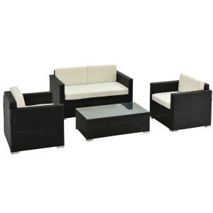 Outsunny Set da Giardino 4 Pezzi in Rattan PE e Acciaio, con Divano, 2 Poltrone e Tavolino da Caffè, Crema