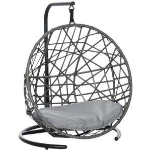 PawHut Rattan Hundehütte mit Kissen Hundehaus Haustierbett Hängesessel Hängematte für Hunde Katzen Outdoor Grau+Schwarz 60 x 53 x 76 cm