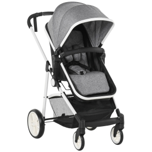 HOMCOM Baby Stroller for Newborn 2 in 1 Convertible Reversible Bassinet Pram Foldable Pushchair with Adjustable Backrest Canopy Storage Basket Shock Suspension 5-Point Harness Grey