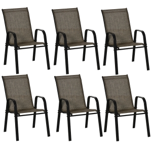 Outsunny Set 6 Pezzi Sedie da Giardino con Braccioli, Sedie da Esterno Impilabili in Metallo e Tessuto Traspirante, Marrone