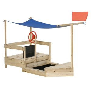 Outsunny Arenero Infantil de Madera Diseño de Galeón con Vela Toldo Pizarra Bandera Roja y Timón Cajón de Arena de Jardín para Niños de +3 Años 180x91,5x144 cm Natural